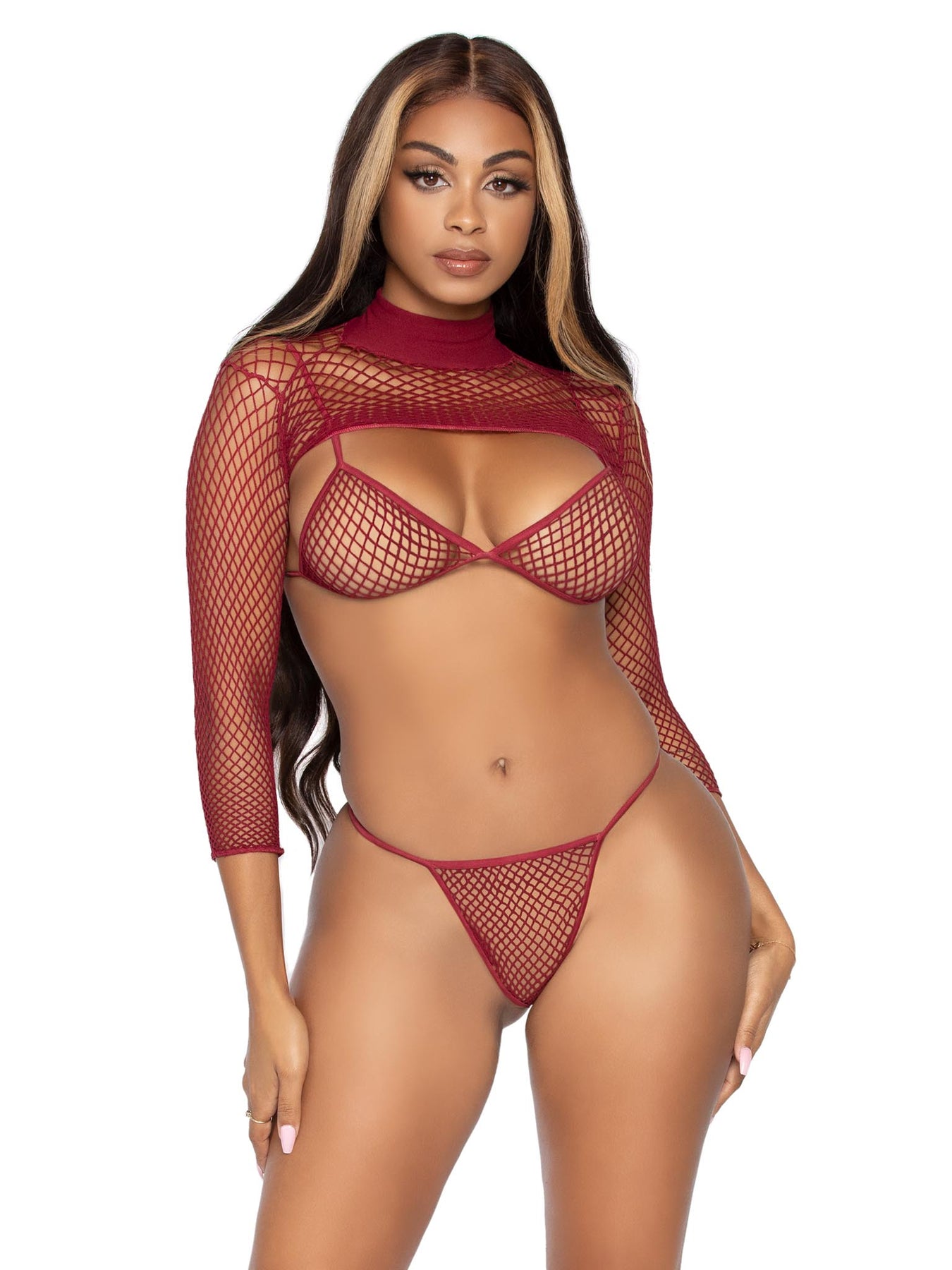 3 Pc Industrial Net Bikini Top G-String and Long  Sleeved Crop Top - One Size - Burgundy