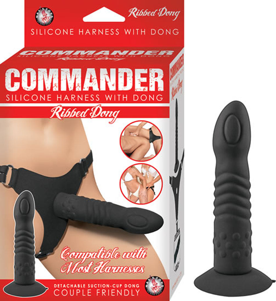 Commander Ribbed Dong With Harness - Black